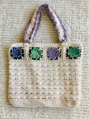 Crochet Floral Tote Bag Summer Purse Cotton Lined Handcrafted In USA Cream Purpl